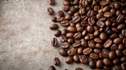 Fototapeta premium High angle shot of fresh coffee beans spread out on a table cozy environment still life photography earthy tones