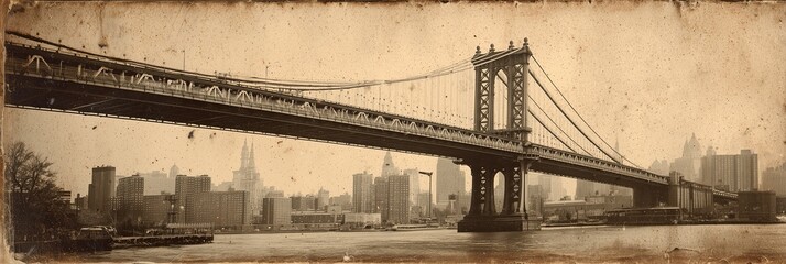Naklejka premium old worn vintage sepia toned polaroid photo of Manhattan Bridge landmark, texture background 
