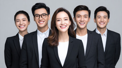 Young Asian business team smiling confidently in formal black suit and white shirt standing together in studio portrait