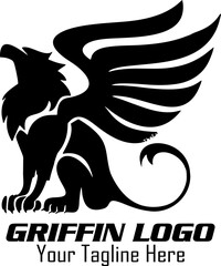 Griffin Logo, Silhouette of griffin with open beak and raised wing Logo vector, Heraldry animal, Griffin Mythical Creature Emblem mascot Vector Design Logo