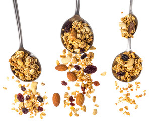 Four spoons overflowing with various granola mixes, showcasing oats, nuts, and dried fruits, against a black backdrop