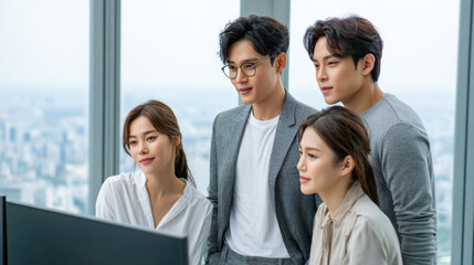 Obraz premium Young Asian business team watching computer screen in modern office with city view, focused and collaborative atmosphere