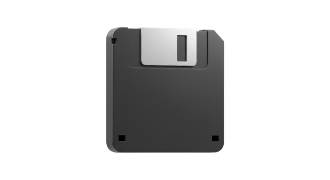 Illustration of Black Floppy Disk with Silver Shutter on Transparent Background