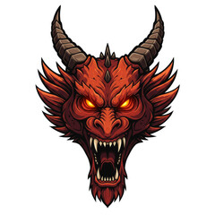 Illustration Of A Fierce Red Dragon Head With Glowing Eyes On Black
