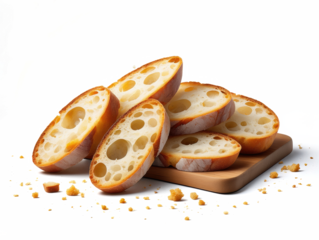 Rebanadas de pan sobre una tabla de madera aisladas sobre fondo transparente. PNG. 