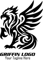 Griffin Logo, Silhouette of griffin with open beak and raised wing Logo vector, Heraldry animal, Griffin Mythical Creature Emblem mascot Vector Design Logo