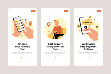 Onboarding Mobile App Screens for Food Order and Delivery. Order food on line banners, mobile application design. Order process concept