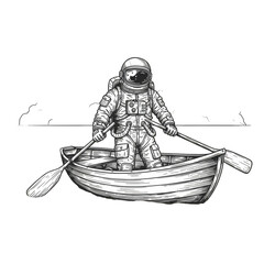 Illustration of Astronaut Rowing Boat on Black Background With Space Suit