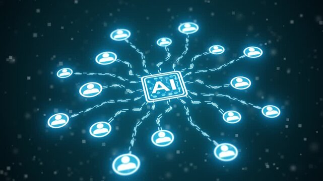 Central AI interface links multiple user profiles, representing machine learning integration, personalized automation, and real-time data analysis across systems