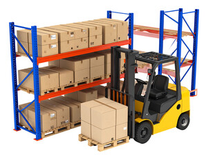 A yellow forklift transports cardboard boxes on pallets within a warehouse stocked with various goods on metal shelving units