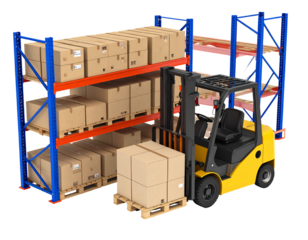 A yellow forklift transports cardboard boxes on pallets within a warehouse stocked with various goods on metal shelving units