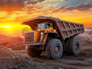 Mining truck at sunset in a quarry