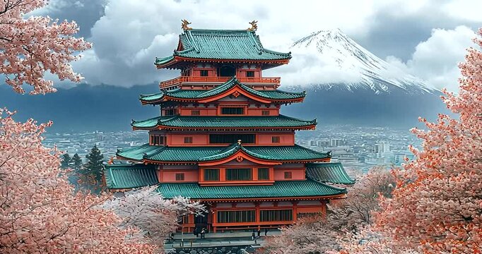 Traditional Japanese pagoda surrounded by cherry blossoms