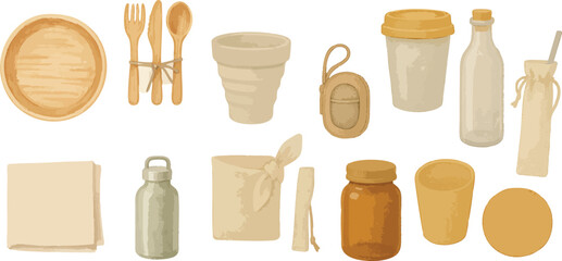 Watercolor Sustainable Picnic Tools Set Hand-Painted Eco-Friendly Reusable Picnic Gear and Zero Waste Utensils for Outdoor Lifestyle | Generative AI