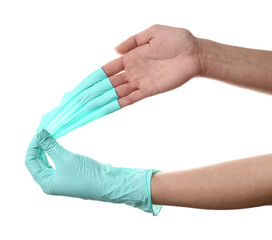Female doctor taking medical gloves off her hands on white background