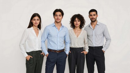 A row of adults pose formally on a plain white background,person,woman,leader