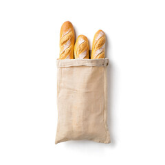 Baguette en bolsa de tela aislada sobre fondo transparente. PNG. 