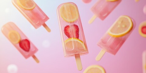 Delectable pink fruit popsicles in mid-air.