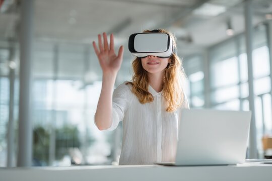Businesswoman wearing vr headset interacting with virtual reality in office with laptop on table