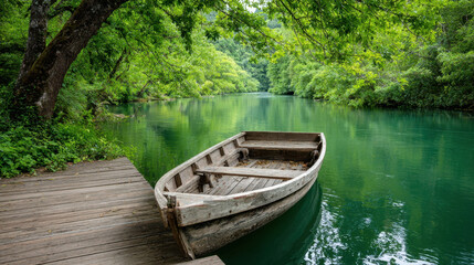 Fototapeta premium Wooden boat floating on calm green river near wooden dock surrounded by lush green trees in peaceful nature