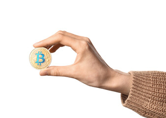 Female hand holding golden bitcoin on white background