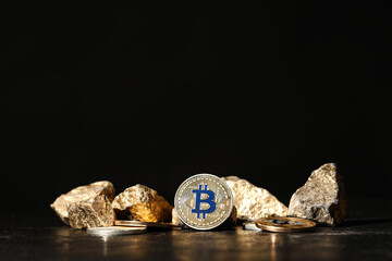 Bitcoins and golden nuggets on black background