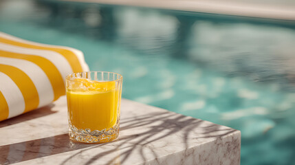 Refreshing orange juice next to a pool, complemented by sunlight and a striped lounge pillow.
