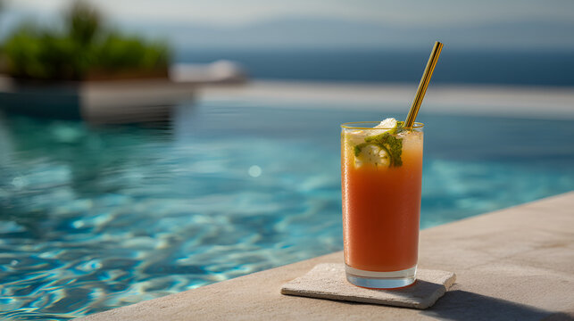 Refreshing summer beverage by the pool, featuring a metal straw and citrus garnish. Relaxing poolside lifestyle.
