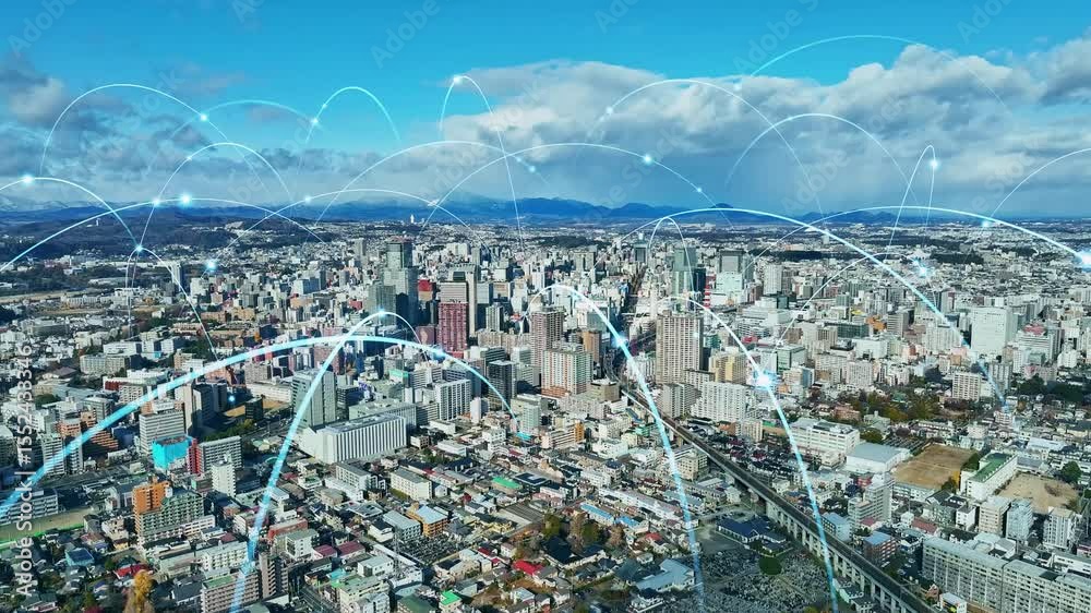 Aufkleber 現代都市の空撮風景と通信ネットワークのコンセプト