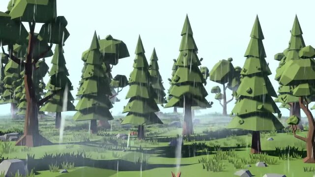 Low poly forest landscape with evergreen trees and light rain falling.