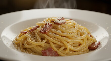 Steaming plate of perfectly cooked spaghetti carbonara, garnished with crispy pancetta and parmesan cheese.