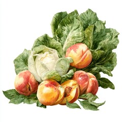 Fresh Peaches and Crisp Lettuce with Green Leaves in a Vibrant Watercolor Style Illustration