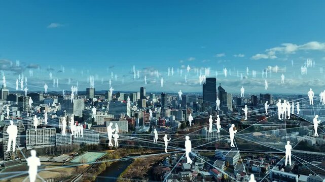 Aerial view of modern city and people network concept