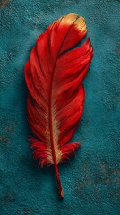 Red feather on teal background, isolated with strong contrast, vibrant mood