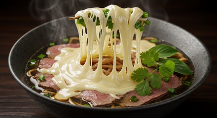 Indulge in the Decadent Delight of Melted Cheese Draped Over Steaming Beef Noodle Soup, a Culinary Masterpiece.