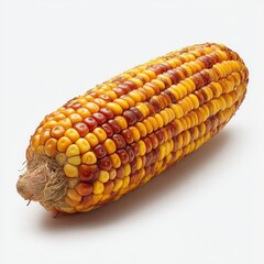 Colorful Ear of Corn with Varied Kernels Displaying Yellow and Red Tones on a White Background for Food Photography
