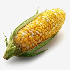 Freshly harvested ear of corn showcasing vibrant yellow kernels with green husk against a light background