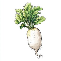 Freshly Harvested White Radish with Green Leaves Displayed on a White Background Ideal for Culinary and Agricultural Themes