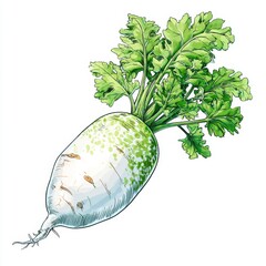 Fresh and Vibrant Radish Illustration with Green Leaves on Top, Perfect for Healthy Eating and Organic Farming Concepts