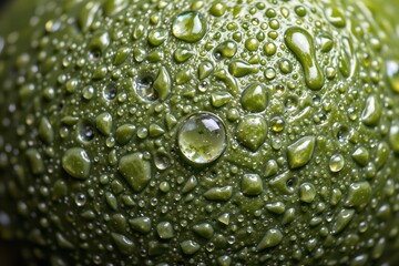 Vibrant Green Avocado with Droplets: A close-up shot showcases a healthy green avocado skin, covered in glistening water droplets, highlighting freshness and natural beauty.