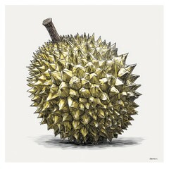 Detailed illustration of a spiky durian fruit on a neutral background showcasing its unique texture and shape