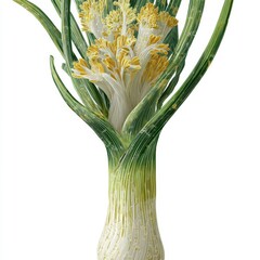 Vibrant and Fresh Green Onion with Lush Green Leaves and Delicate Yellow Blossoms in Artistic Arrangement