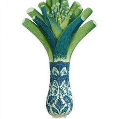 Artistic Representation of a Colorful Leek with Intricate Floral Patterns and Green Tones for Creative Culinary Imagery