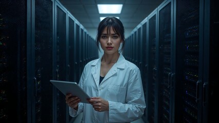 A female technician stands in the middle of a large server room,student,folder,tablet