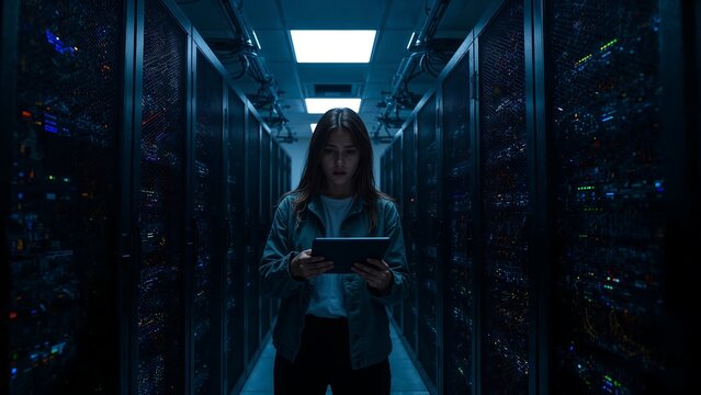 A female technician stands in the middle of a large server room,beauty,face