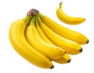 A bunch of ripe yellow bananas, one slightly smaller, isolated on a black background