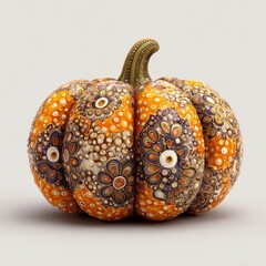 Ornate Decorative Pumpkin with Colorful Patterns and Intricate Floral Designs for Autumn Seasonal Photography