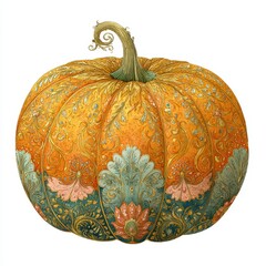 Ornamental Pumpkin with Intricate Floral Designs and Vibrant Colors for Seasonal Decor and Artistic Inspiration