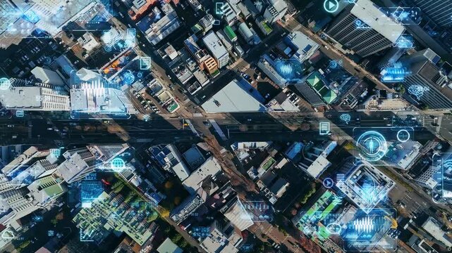 Aerial view of modern city and digital technology concept - Powered by Adobe