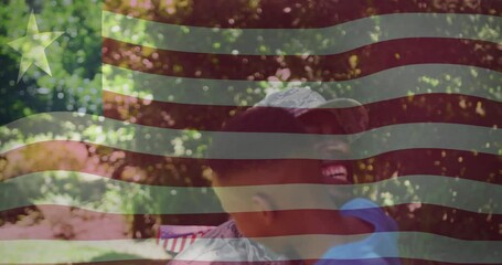 Soldier sitting welcoming boy entering with flag and embracing boy in reunion under soft flag motif